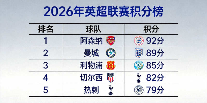 2026年英超联赛积分榜可视化图表 - 显示球队排名与积分